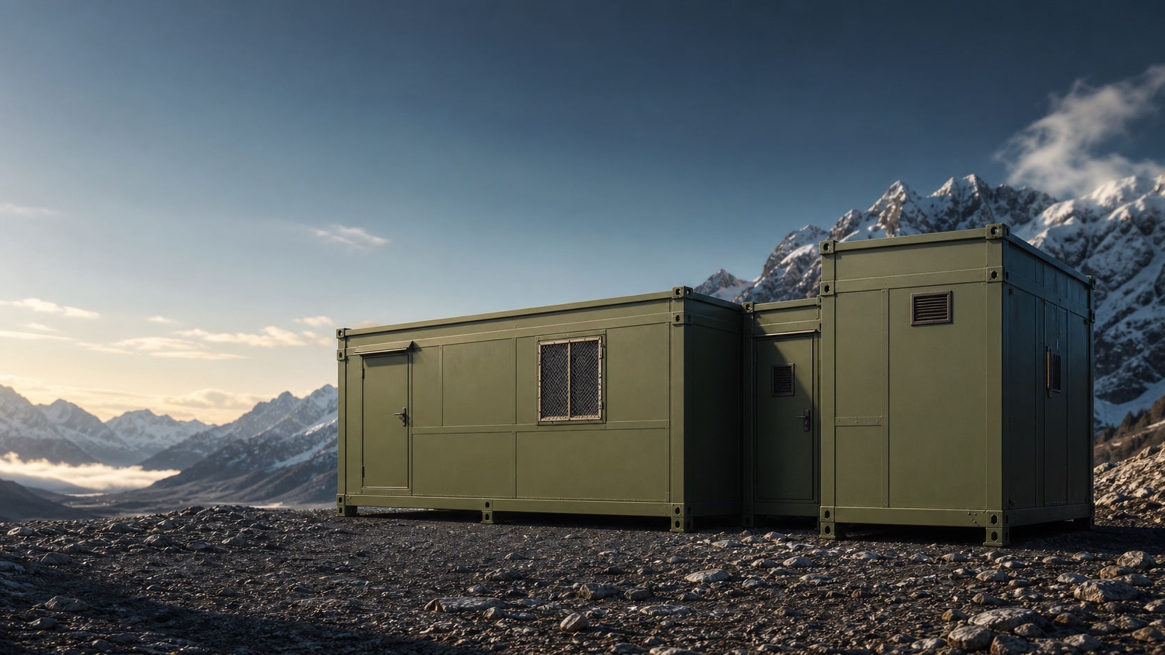 Concept visualisation of modular insulated shelters in a snow-covered mountain environment