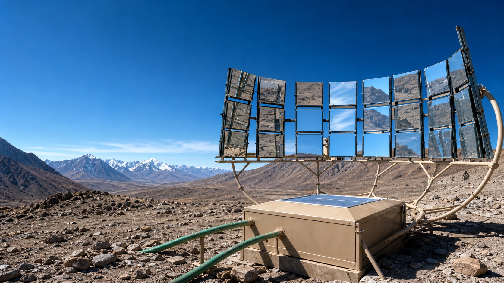 Concept visualisation of an insulated septic tank and solar collector in high-altitude terrain